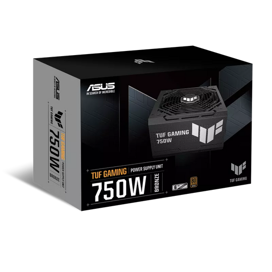 ASUS TUF Gaming 750W Bronze PSU in black with 80 Plus Bronze certification and high-performance cooling fan