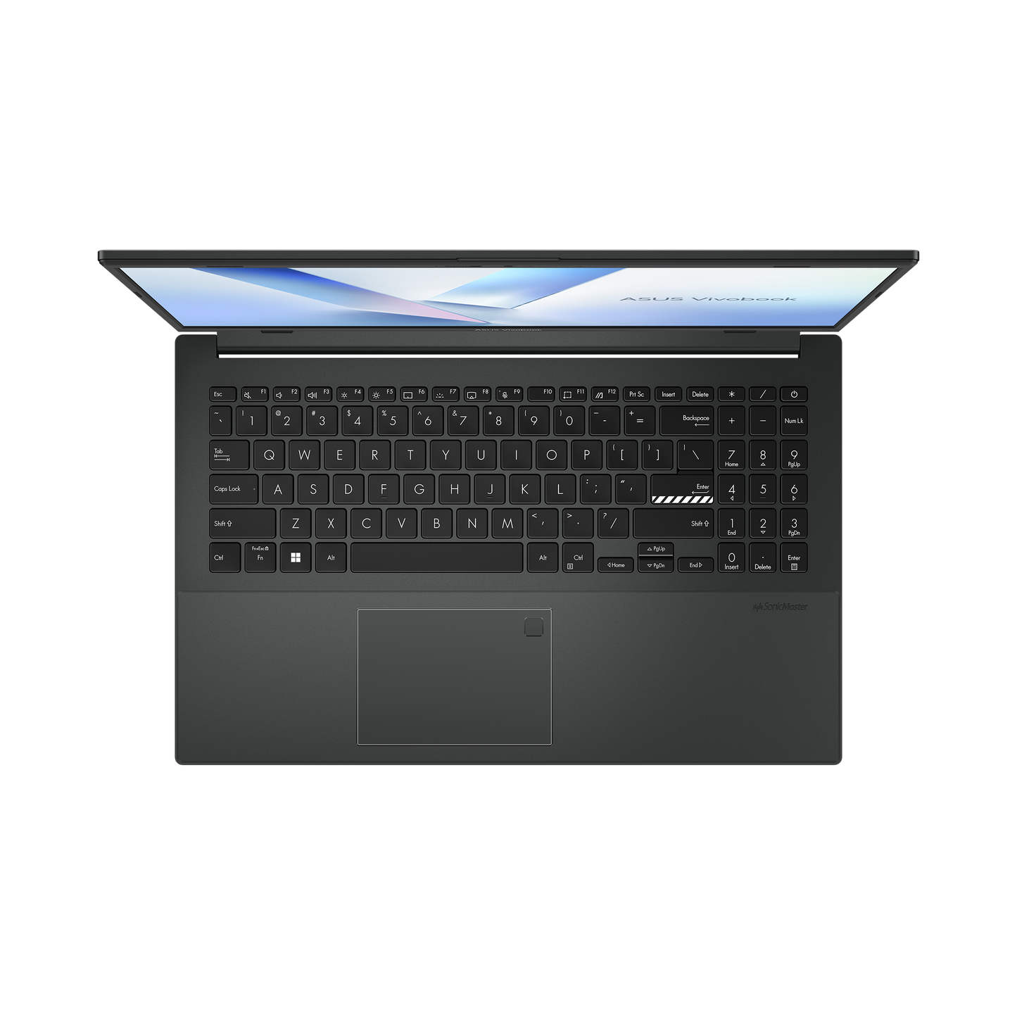 ASUS Vivobook Go E1504FA 15.6-inch FHD Laptop in Mixed Black with AMD Ryzen 3 7320, 8GB DDR5 RAM, and 256GB SSD, open view showing keyboard and screen