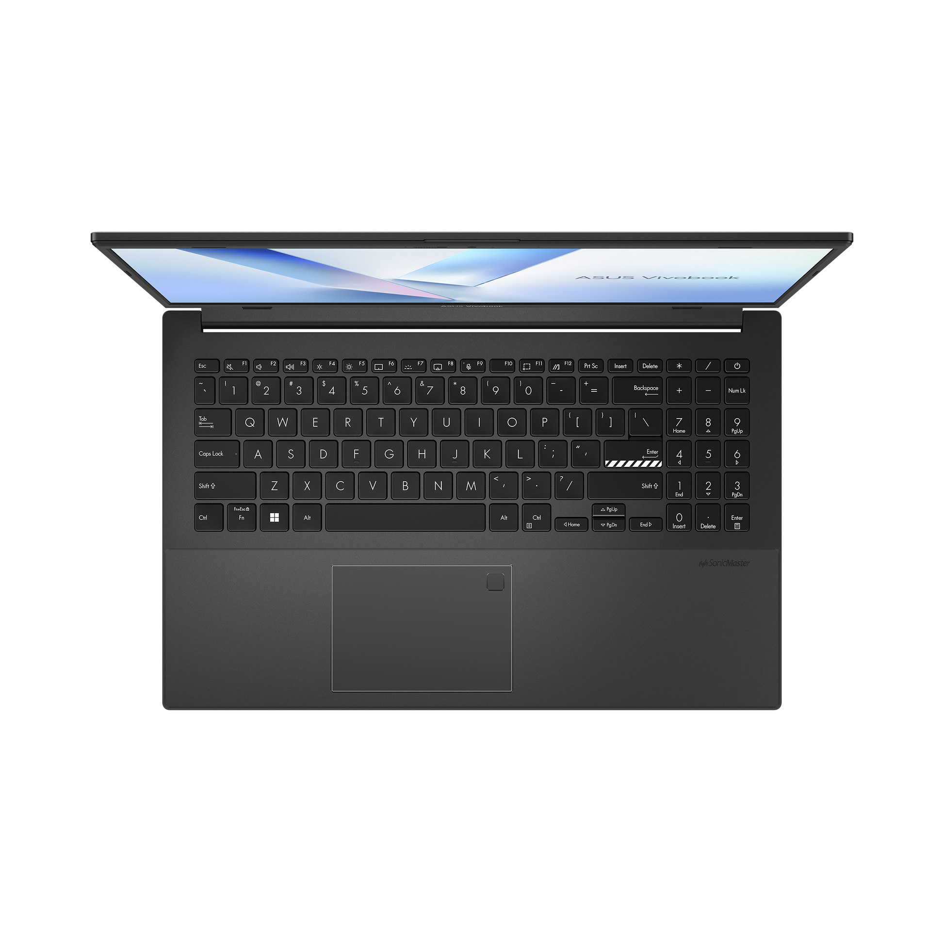 ASUS Vivobook Go E1504FA 15.6-inch FHD Laptop in Mixed Black with AMD Ryzen 3 7320, 8GB DDR5 RAM, and 256GB SSD, open view showing keyboard and screen