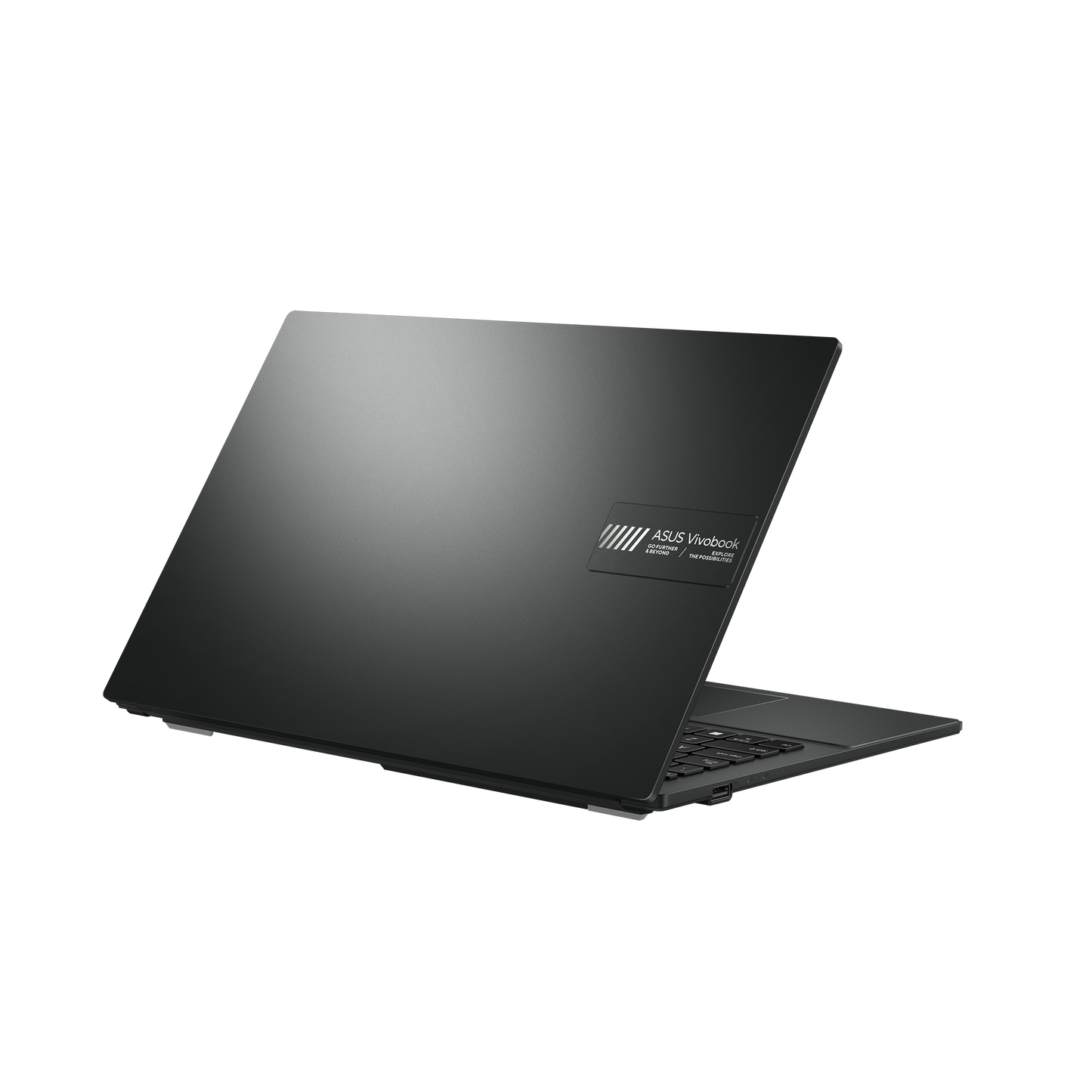 Side profile of ASUS Vivobook Go E1504FA laptop showing slim design, ports, and Mixed Black finish