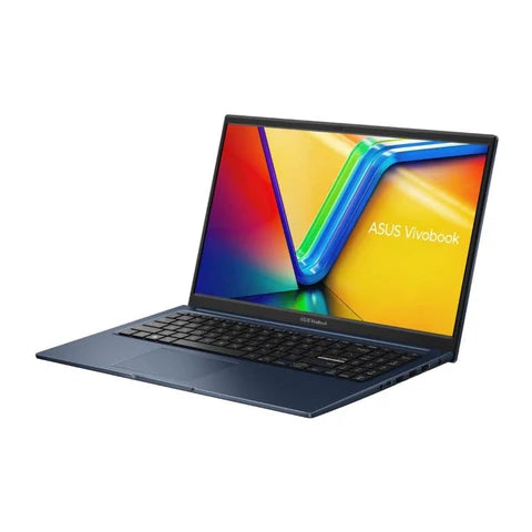 ASUS Vivobook X1504ZA 15.6-inch FHD Laptop in blue with Intel Core i3-1215U, 8GB RAM, and 512GB SSD, open view showing keyboard and screen