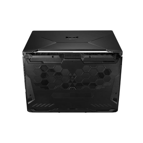 ASUS TUF Gaming A15 laptop front view with illuminated blue backlit keyboard and TUF Gaming logo on the display