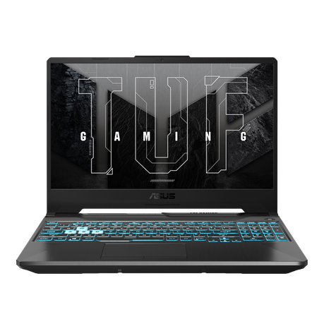ASUS TUF Gaming A15 laptop front view with illuminated blue backlit keyboard and TUF Gaming logo on the display