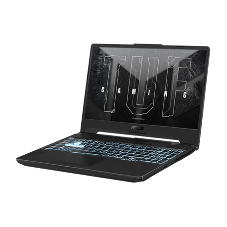 ASUS TUF Gaming A15 laptop front view with illuminated blue backlit keyboard and TUF Gaming logo on the display