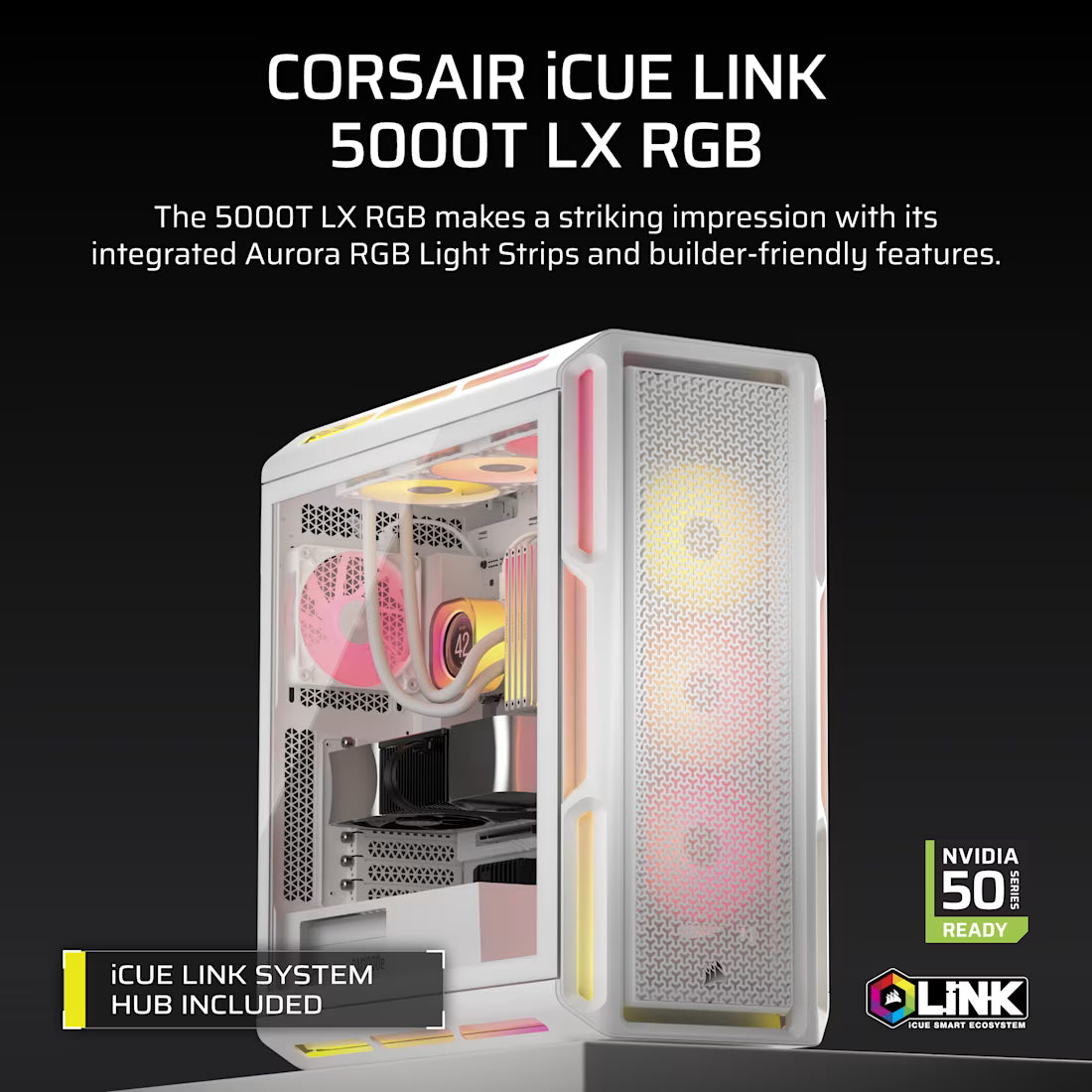 Corsair iCUE LINK 5000T LX RGB white mid tower PC case with tempered glass high airflow gaming chassis