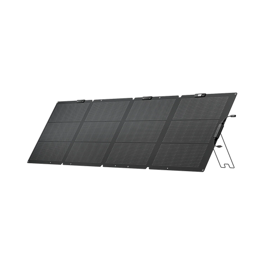 EcoFlow 220W bifacial portable solar panel folded and unfolded with adjustable stand for outdoor power station charging