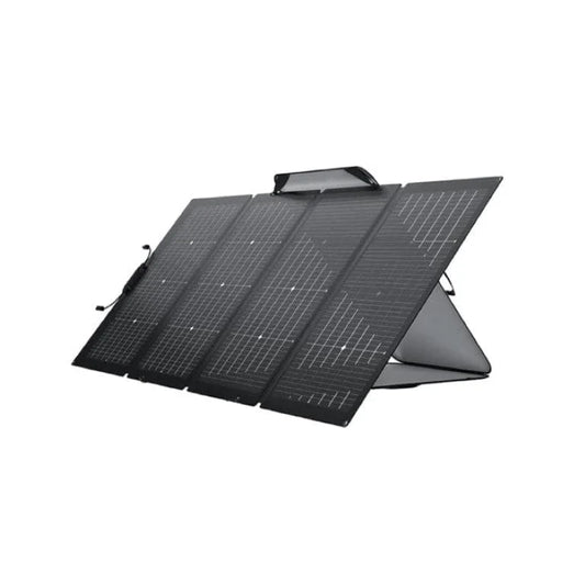EcoFlow 220W bifacial portable solar panel folded and unfolded with adjustable stand for outdoor power station charging