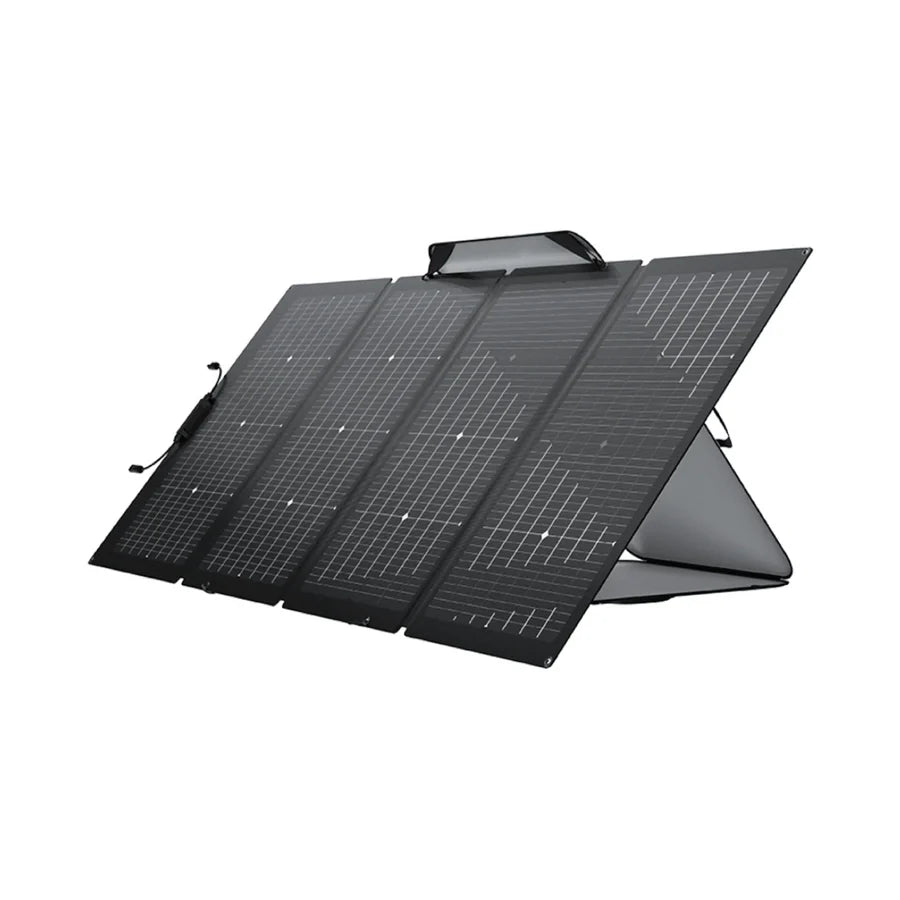 EcoFlow 220W bifacial portable solar panel folded and unfolded with adjustable stand for outdoor power station charging