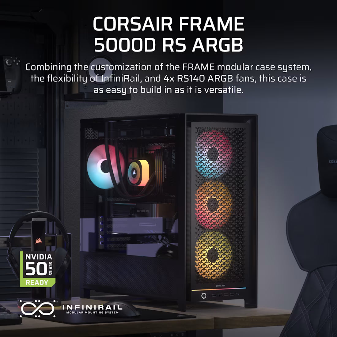 Corsair FRAME 5000D RS ARGB High-Airflow Mid-Tower PC Case – Tempered Glass Gaming Chassis with ARGB Fans