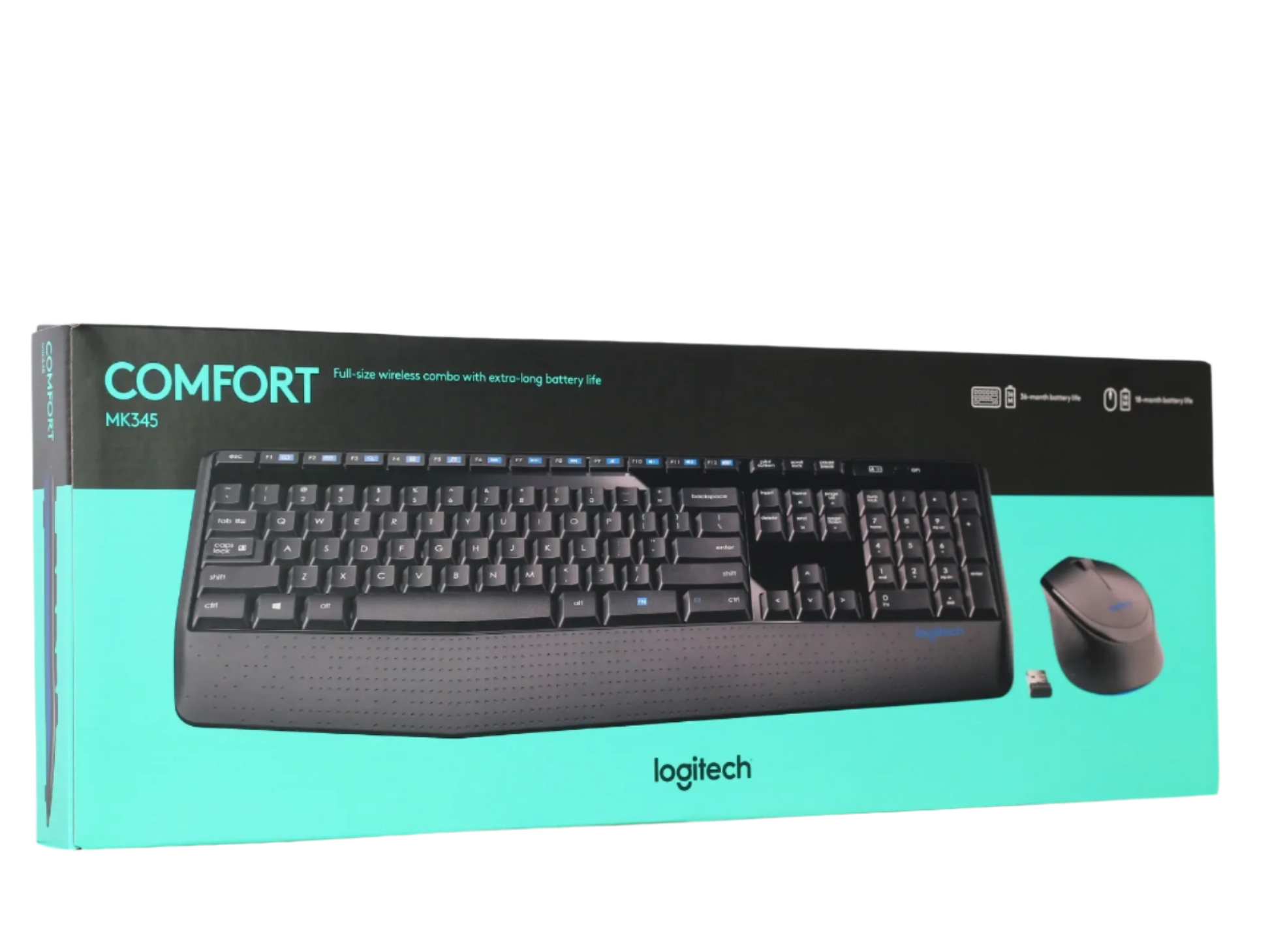 Side profile of Logitech MK345 wireless keyboard showing full-size layout with cushioned palm rest