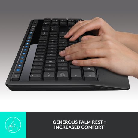 Logitech MK345 wireless keyboard and mouse combo used on a home or office desk setup for ergonomic typing and productivity