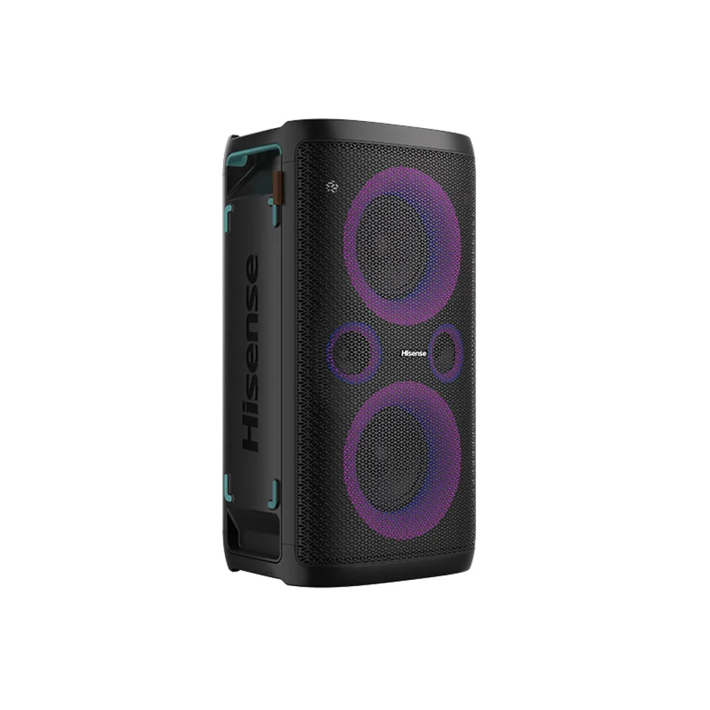 Hisense HP100 300W portable party speaker Bluetooth 5.0 15-hour battery LED lights karaoke ready