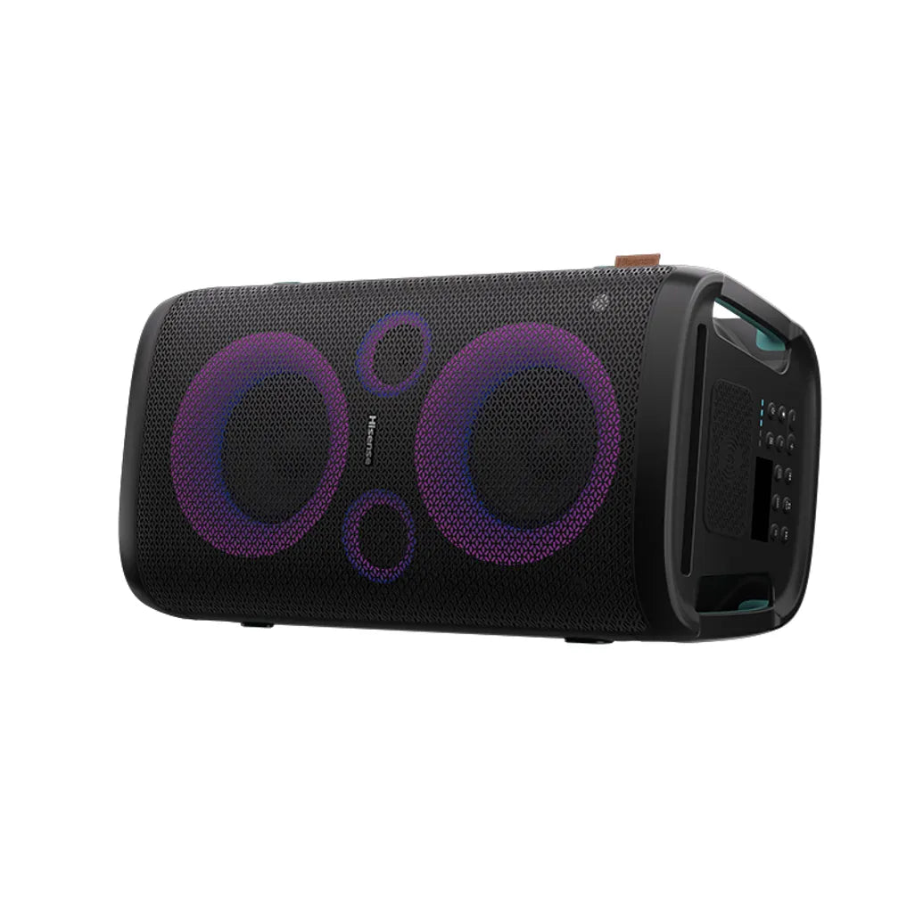 Hisense HP100 300W portable party speaker Bluetooth 5.0 15-hour battery LED lights karaoke ready