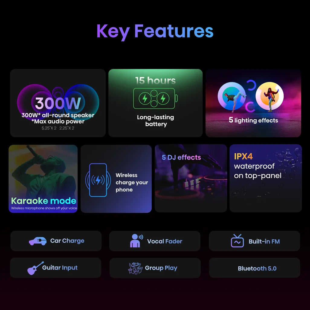 Hisense HP100 300W portable party speaker Bluetooth 5.0 15-hour battery LED lights karaoke ready