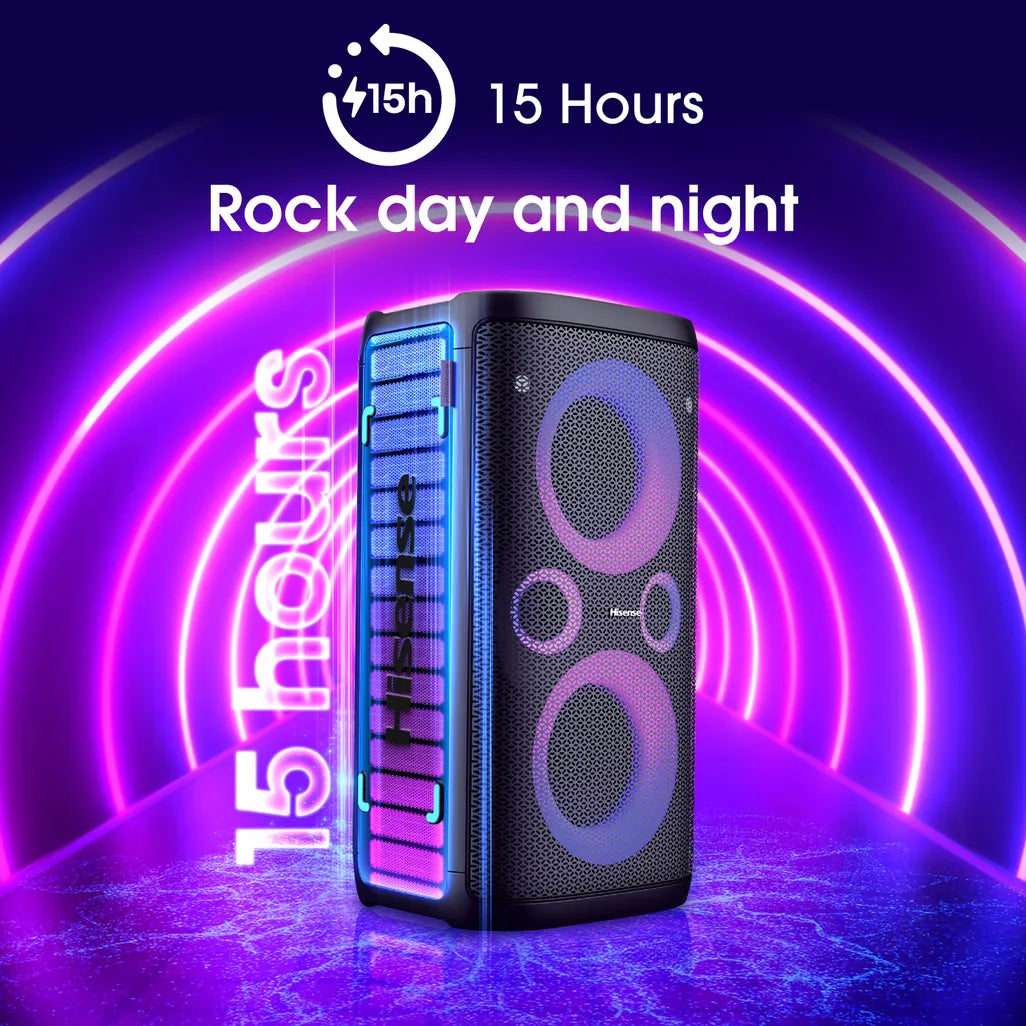 Hisense HP100 300W portable party speaker Bluetooth 5.0 15-hour battery LED lights karaoke ready