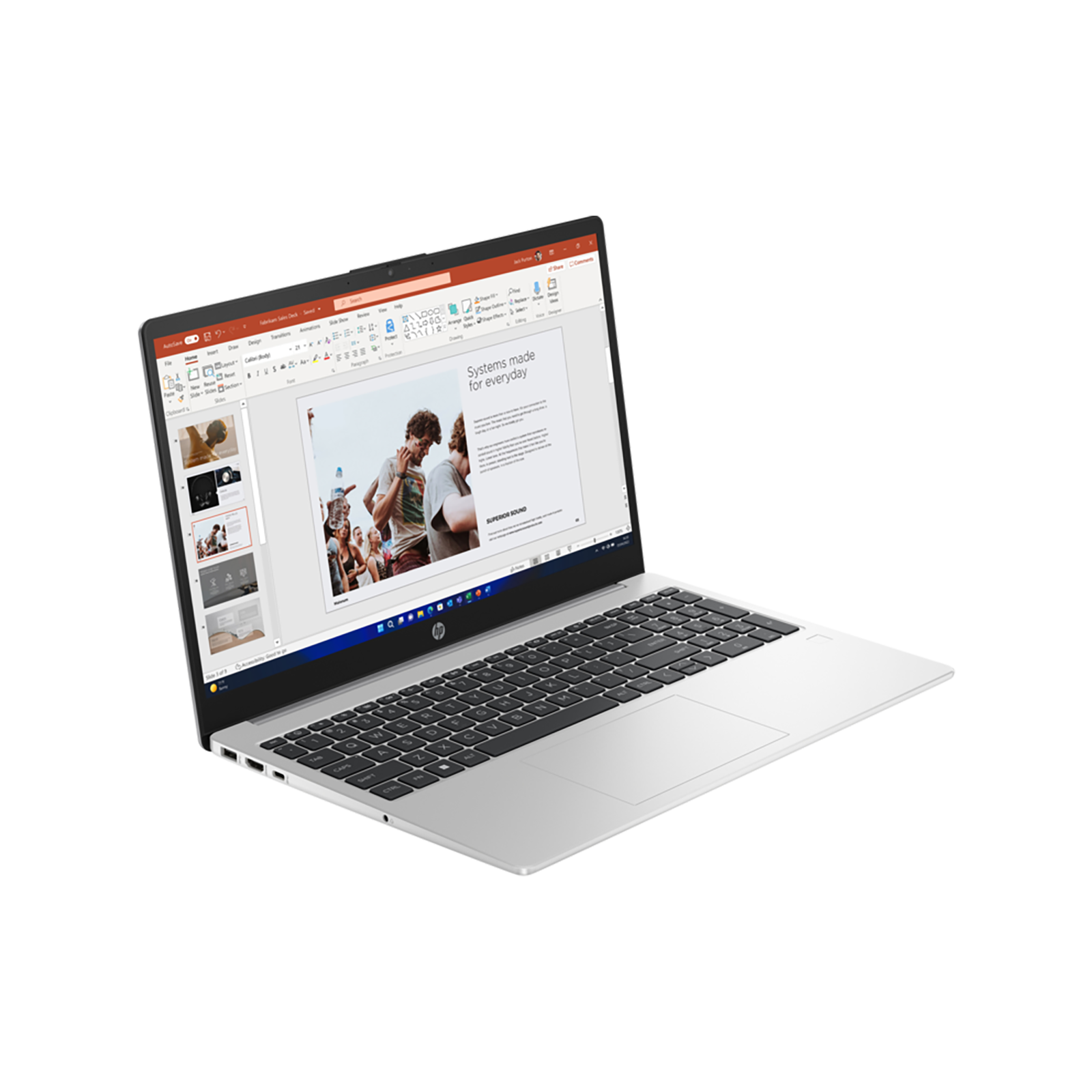 HP ProBook 465 G11 16-inch silver laptop with AMD Ryzen 7 processor, Windows 11 Pro, and slim professional design
