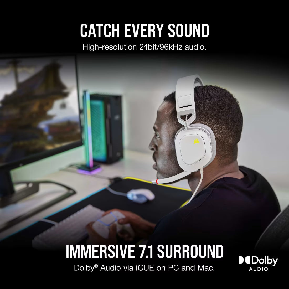 Corsair HS80 RGB USB Wired Gaming Headset – White, Dolby Audio Gaming Headphones with RGB Lighting