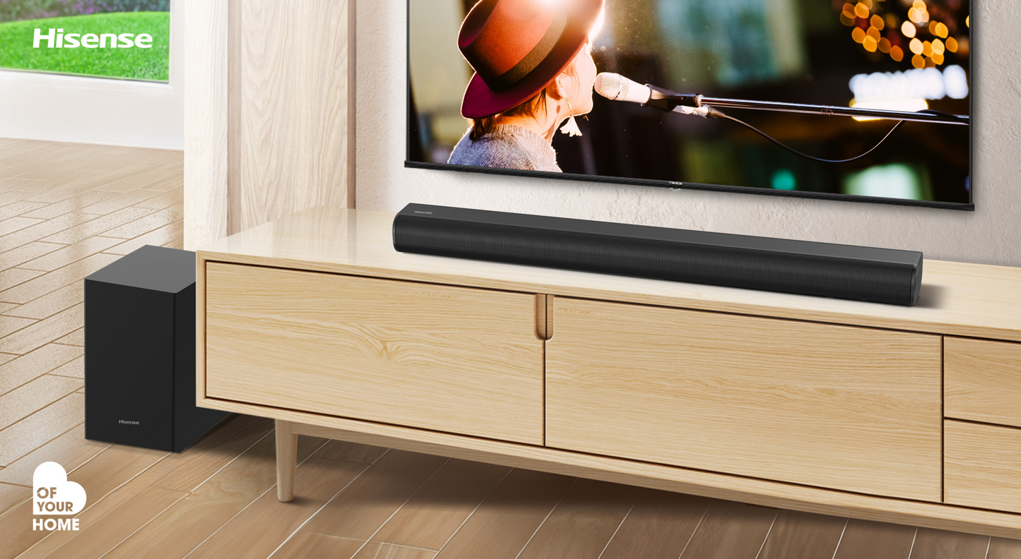 “Hisense HS1800 2.1Ch 140W soundbar with wireless subwoofer, HDMI ARC, Bluetooth and USB connectivity.”