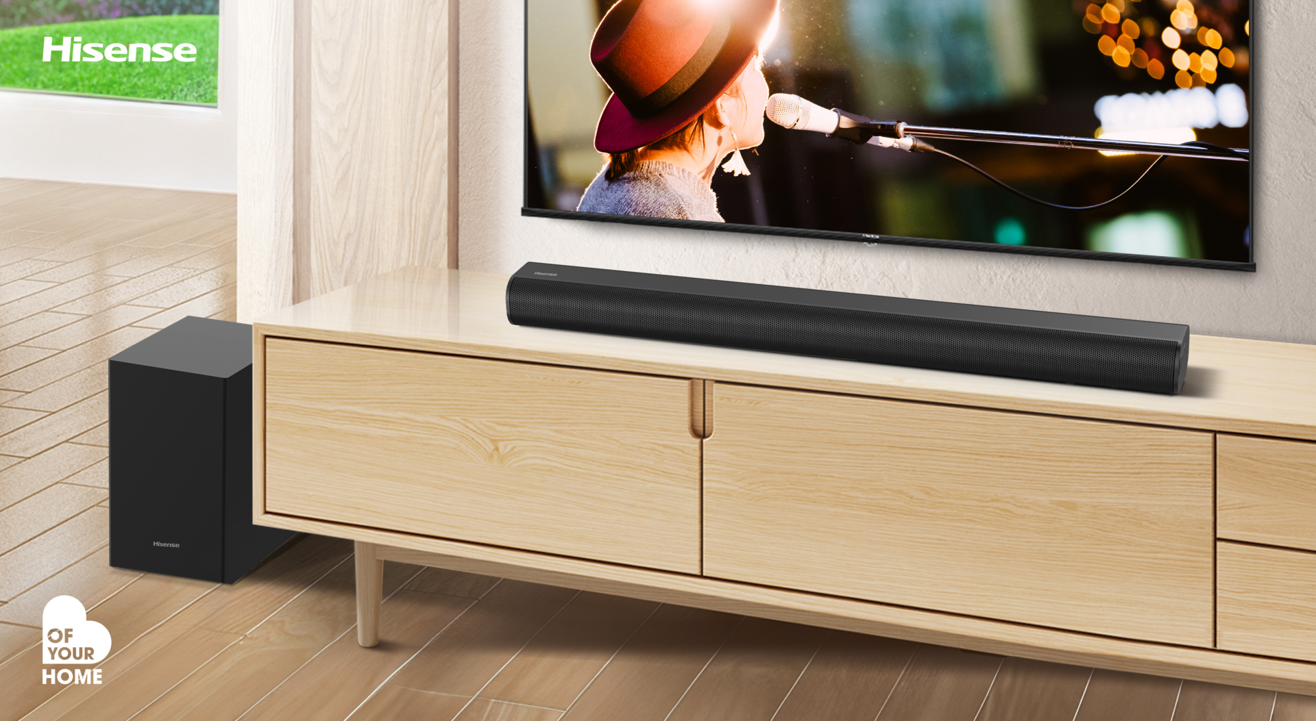 “Hisense HS1800 2.1Ch 140W soundbar with wireless subwoofer, HDMI ARC, Bluetooth and USB connectivity.”