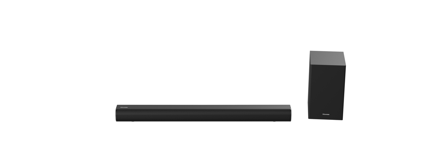 “Hisense HS1800 2.1Ch 140W soundbar with wireless subwoofer, HDMI ARC, Bluetooth and USB connectivity.”