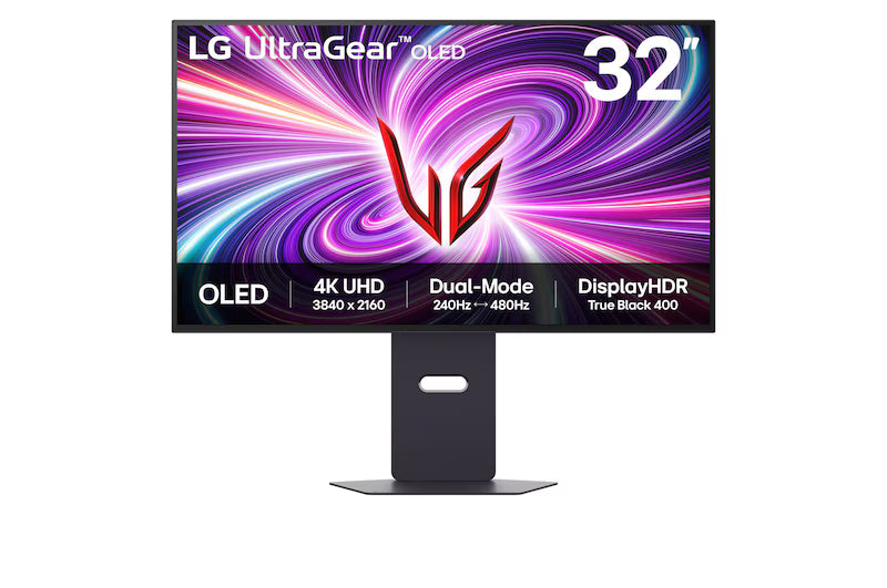 LG 32GS95UV-B 32-inch UltraGear Dual-Mode OLED Gaming Monitor displaying WQHD 2560x1440 resolution and vibrant colors