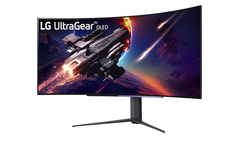 LG 45GR95QE 45-inch UltraGear OLED Curved Gaming Monitor displaying WQHD resolution and vibrant colors