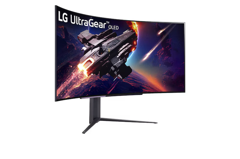 LG 45GR95QE 45-inch UltraGear OLED Curved Gaming Monitor displaying WQHD resolution and vibrant colors