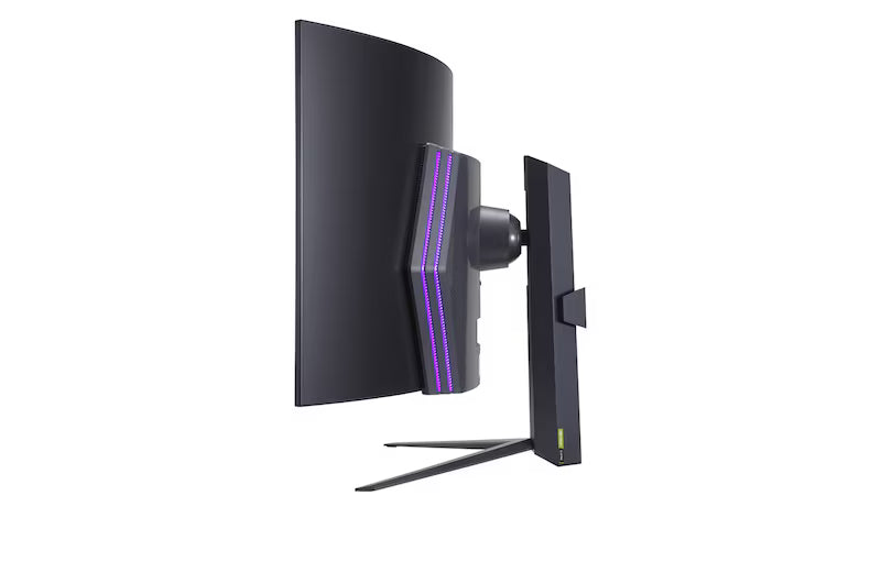 Rear view of LG 45GR95QE UltraGear OLED Gaming Monitor with RGB hexagon lighting and modern design