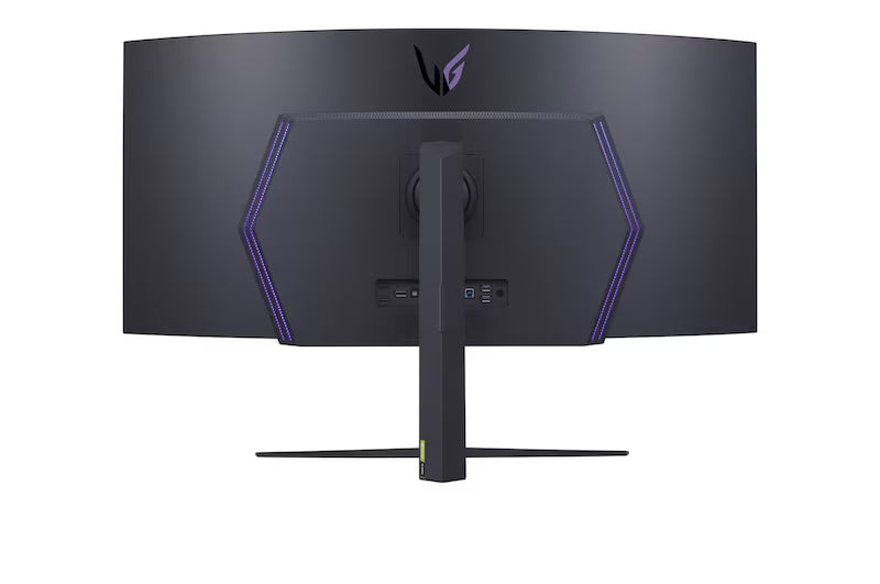 Rear view of LG 45GR95QE UltraGear OLED Gaming Monitor with RGB hexagon lighting and modern design
