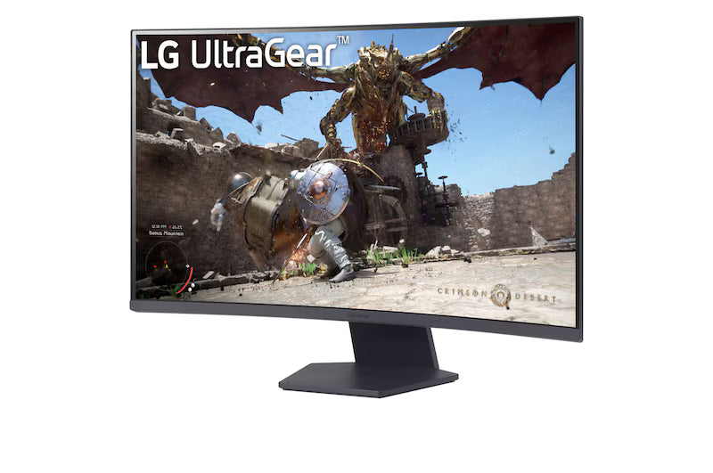 LG 32GS60QC-B UltraGear 32-inch curved QHD gaming monitor with 180Hz refresh rate, 1ms response time, and sleek 3-side borderless design.