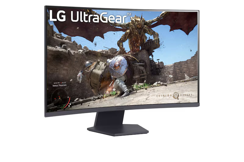 LG 32GS60QC-B UltraGear 32-inch curved QHD gaming monitor with 180Hz refresh rate, 1ms response time, and sleek 3-side borderless design.