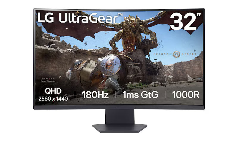 LG 32GS60QC-B UltraGear 32-inch curved QHD gaming monitor with 180Hz refresh rate, 1ms response time, and sleek 3-side borderless design.