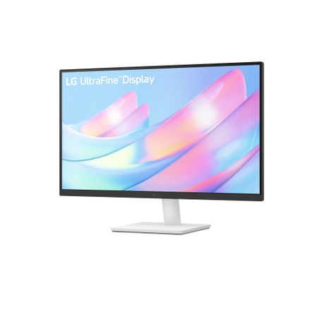 Angled side view of LG UltraFine 27-inch UHD monitor showing sleek 3-side borderless design and ergonomic tilt adjustments | LG UltraFine 27US500 angled view highlighting IPS panel, HDR support, and modern professional office monitor design