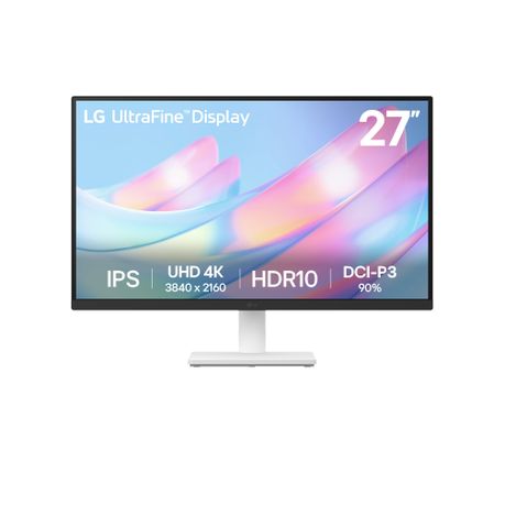 Front view of LG UltraFine 27-inch 4K UHD IPS monitor 27US500 with HDR10 and DCI-P3 90% colour gamut, perfect for graphic design, video editing, and gaming

LG UltraFine 27US500 4K monitor front display, 10-bit colour depth and wide viewing angles for professional workspace setup