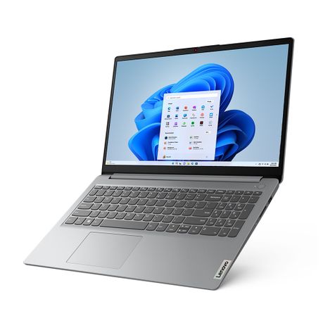 Lenovo IdeaPad 1 15AMN7 Ryzen 5 notebook angled front view showing slim Cloud Grey design and full-size keyboard.