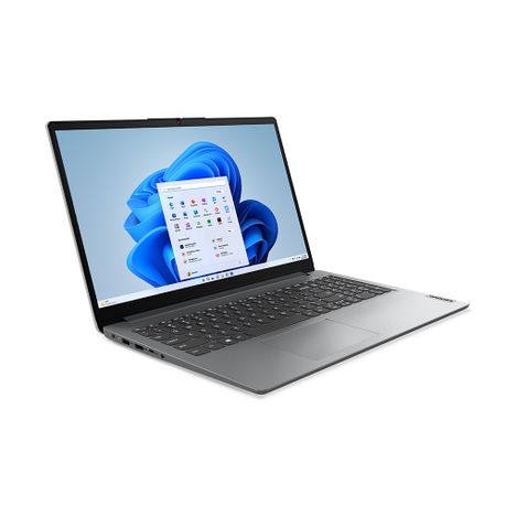 Lenovo IdeaPad 1 15AMN7 Ryzen 5 notebook angled front view showing slim Cloud Grey design and full-size keyboard