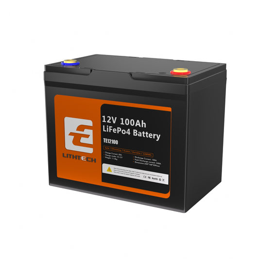 Lithtech 12V 100AH LiFePO4 Group 24 lithium battery with Bluetooth for solar backup and off-grid energy storage