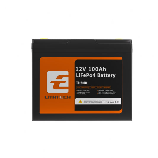 Lithtech 12V 100AH LiFePO4 Group 24 lithium battery with Bluetooth for solar backup and off-grid energy storage
