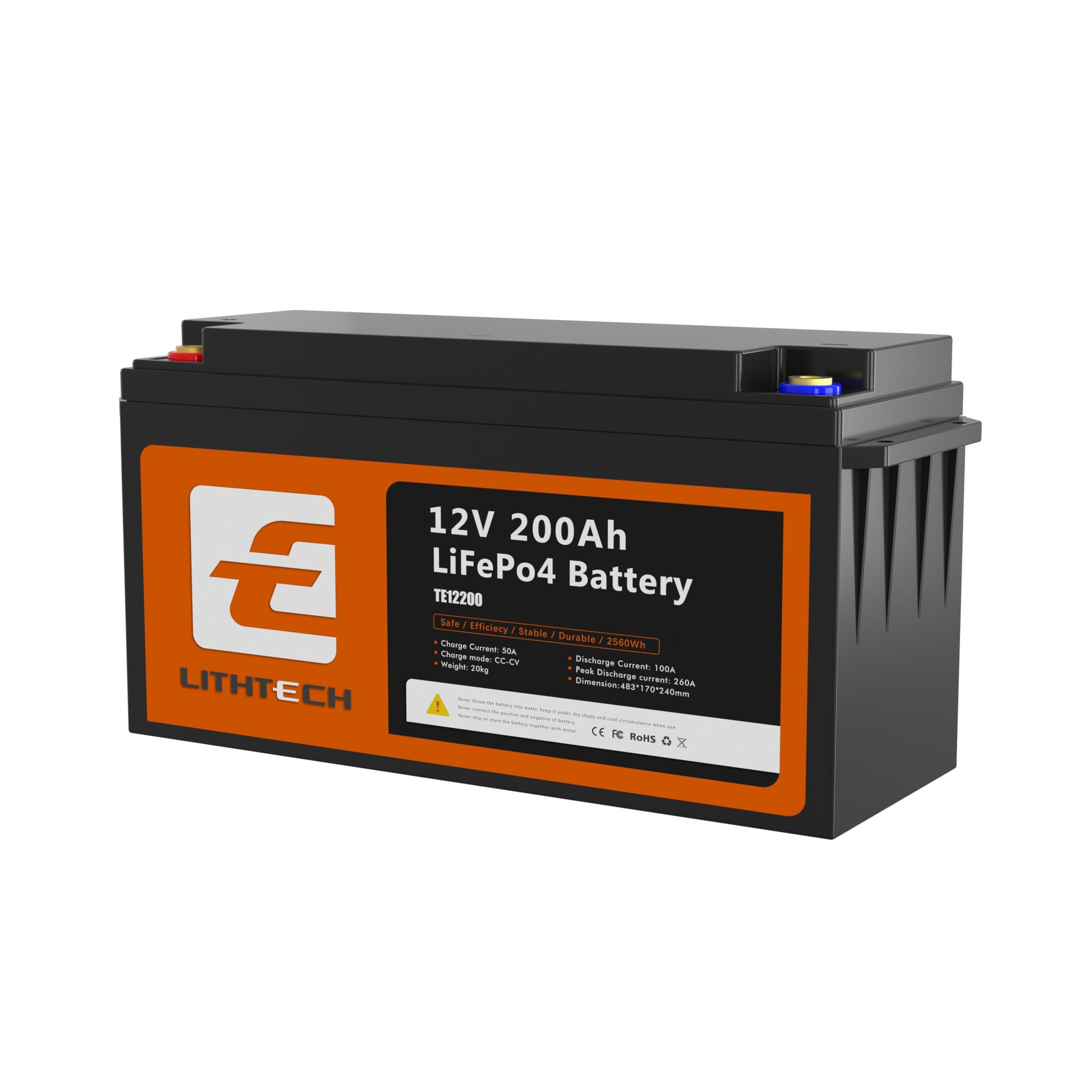 Lithtech 12V 200Ah LiFePO4 lithium battery for solar backup and off-grid energy storage with IP65 casing