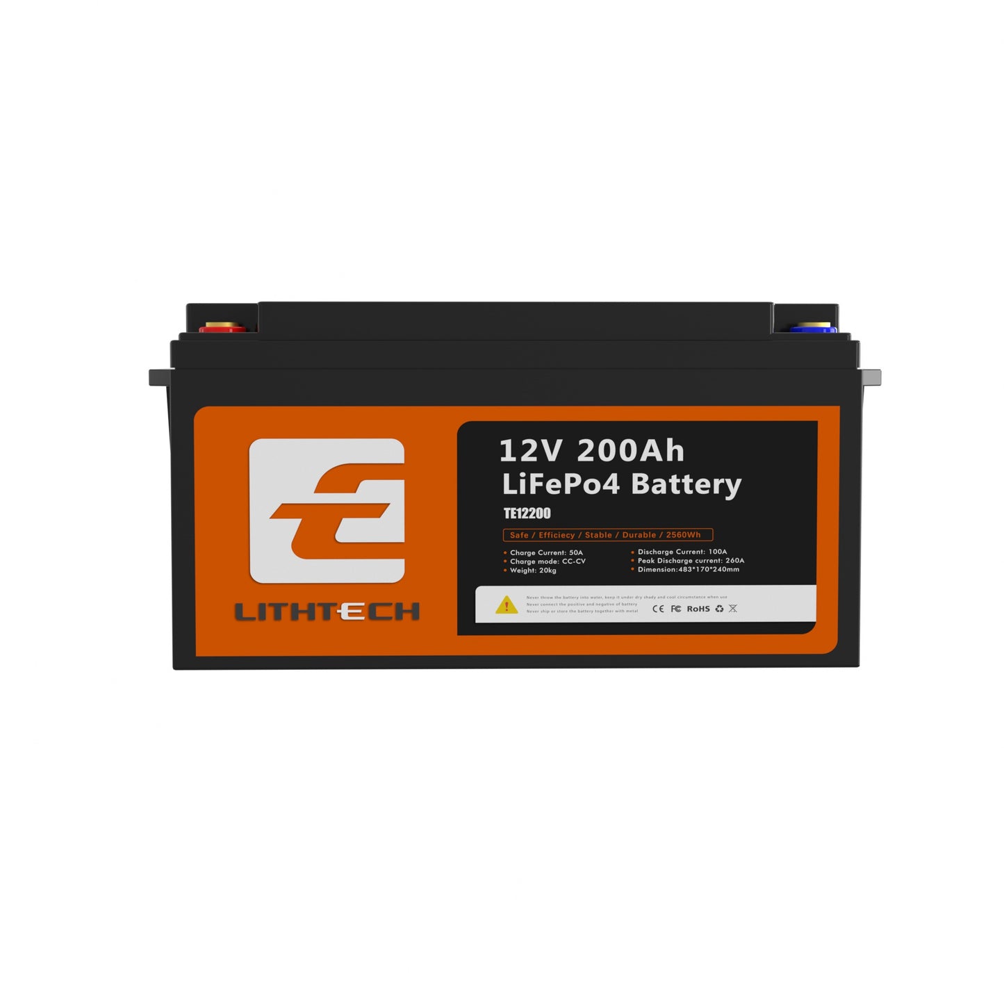 Lithtech 12V 200Ah LiFePO4 lithium battery for solar backup and off-grid energy storage with IP65 casing