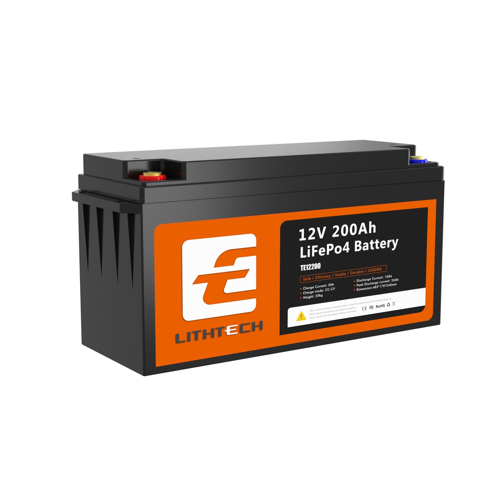 Lithtech 12V 200Ah LiFePO4 lithium battery for solar backup and off-grid energy storage with IP65 casing