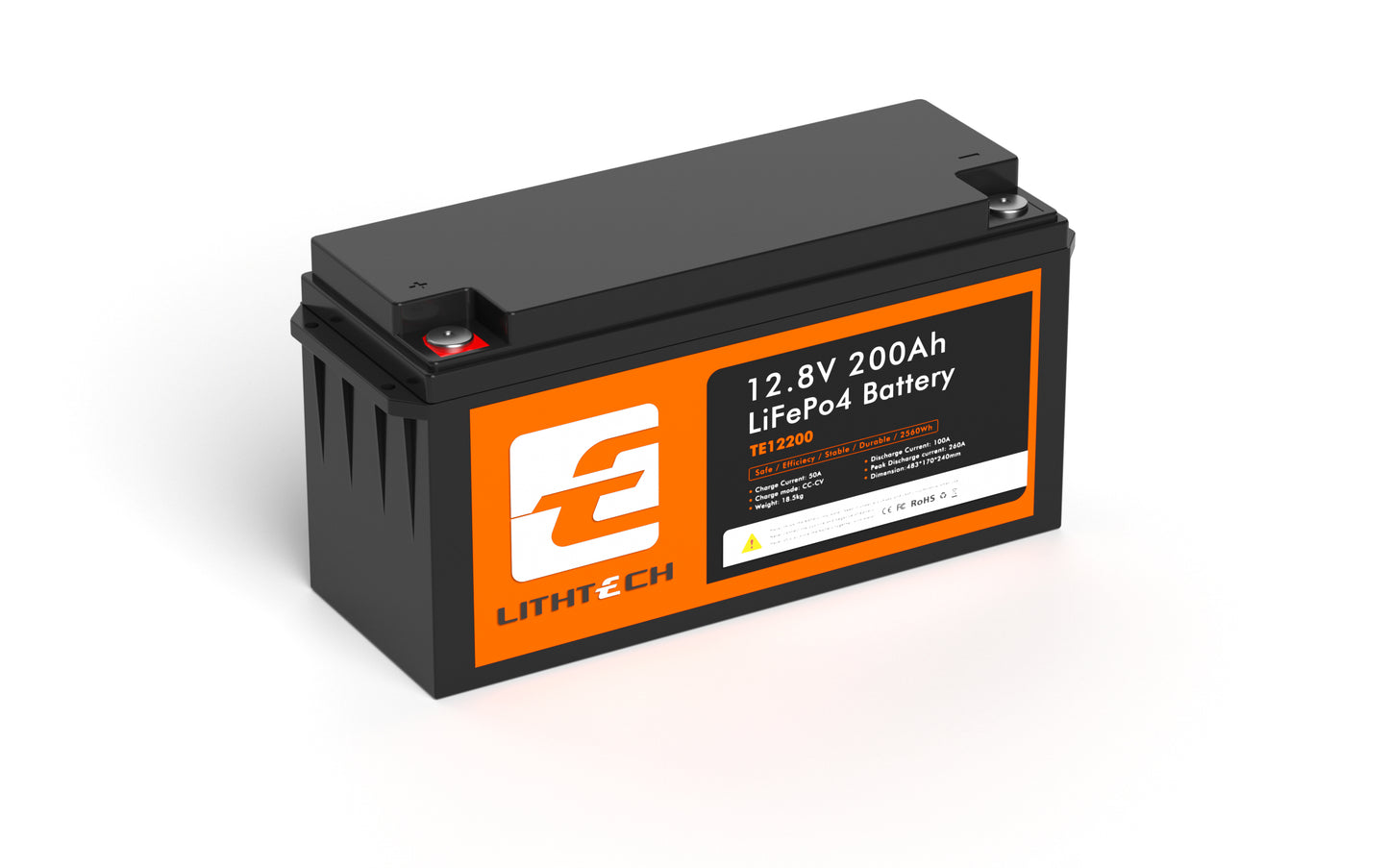 Lithtech 12V 200Ah LiFePO4 lithium battery for solar backup and off-grid energy storage with IP65 casing