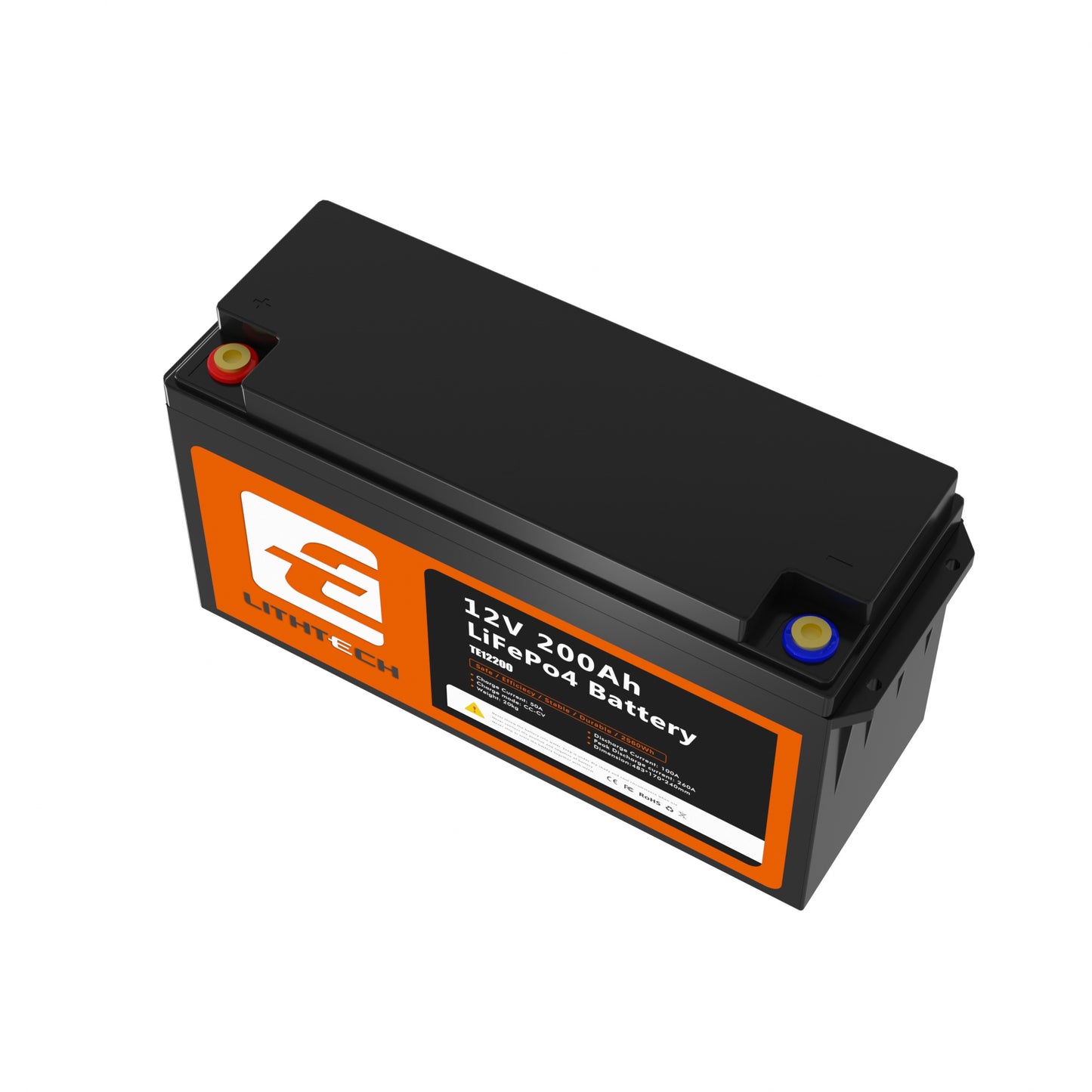 Lithtech 12V 200Ah LiFePO4 lithium battery for solar backup and off-grid energy storage with IP65 casing