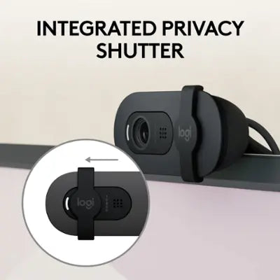 Logitech Brio 100 Webcam used on a laptop for video calls, online meetings, and streaming