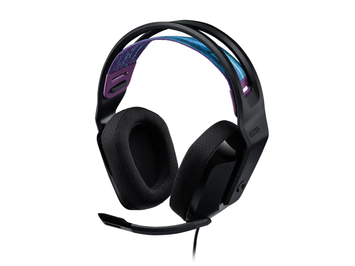 “Logitech G335 Wired Gaming Headset in black with flexible boom mic and lightweight design”