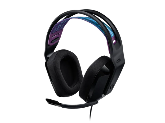 “Logitech G335 Wired Gaming Headset in black with flexible boom mic and lightweight design”