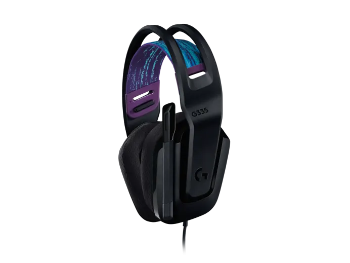 “Logitech G335 Wired Gaming Headset in black with flexible boom mic and lightweight design”