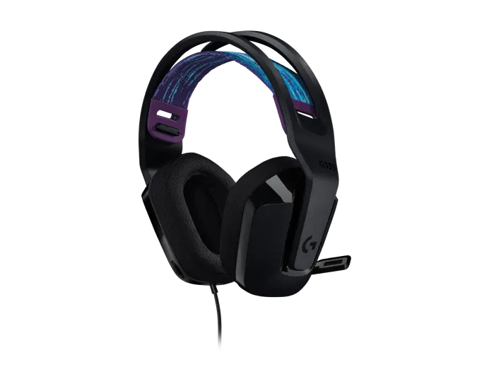 “Logitech G335 Wired Gaming Headset in black with flexible boom mic and lightweight design”