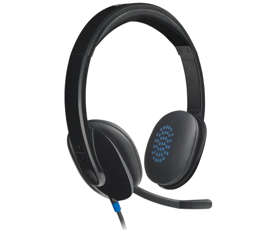 “Logitech H540 USB headset black front view with padded ear cups and microphone”