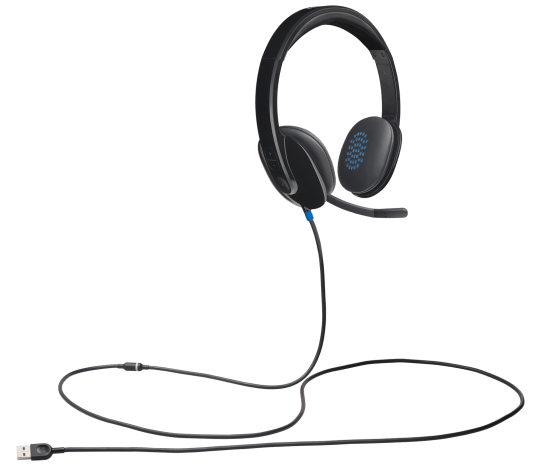“Close-up of Logitech H540 headset cable with volume and mute controls”